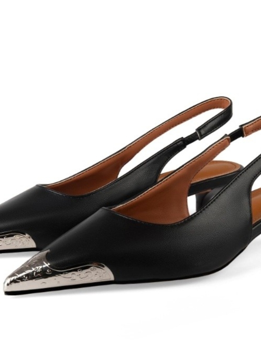 Black Slingback Pointed Toe Flats with Silver Tip